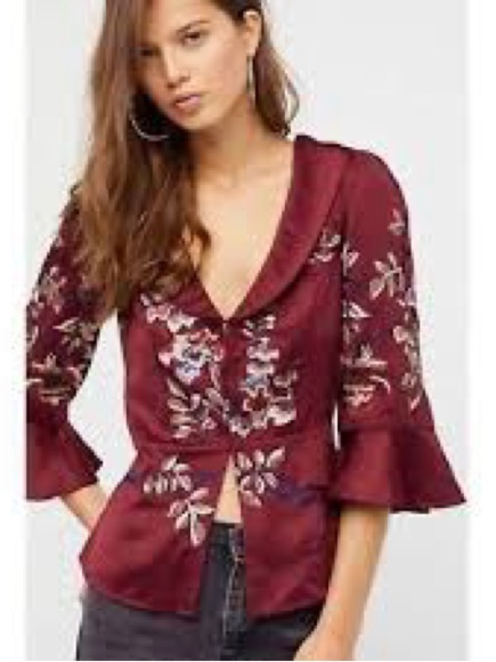 Free People Burgundy Floral Embroidered V-Neck Bell Sleeve Top